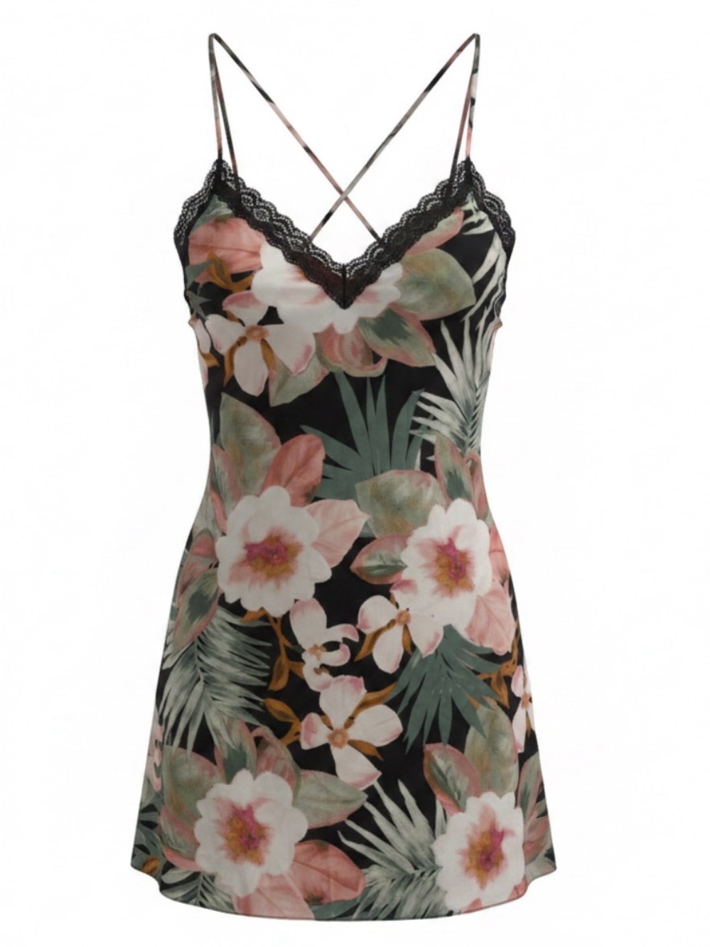 Floral Lace Trim Slip nightgown- Black & Pink